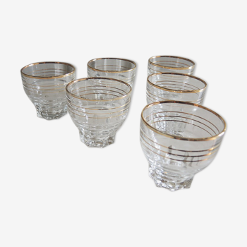 6 Old Transparent Glass Cup with Golden Stripes H 5.7 cm