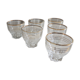 6 Anciens Gobelet en Verre Transparent avec Bandes Dorées H 5,7 cm