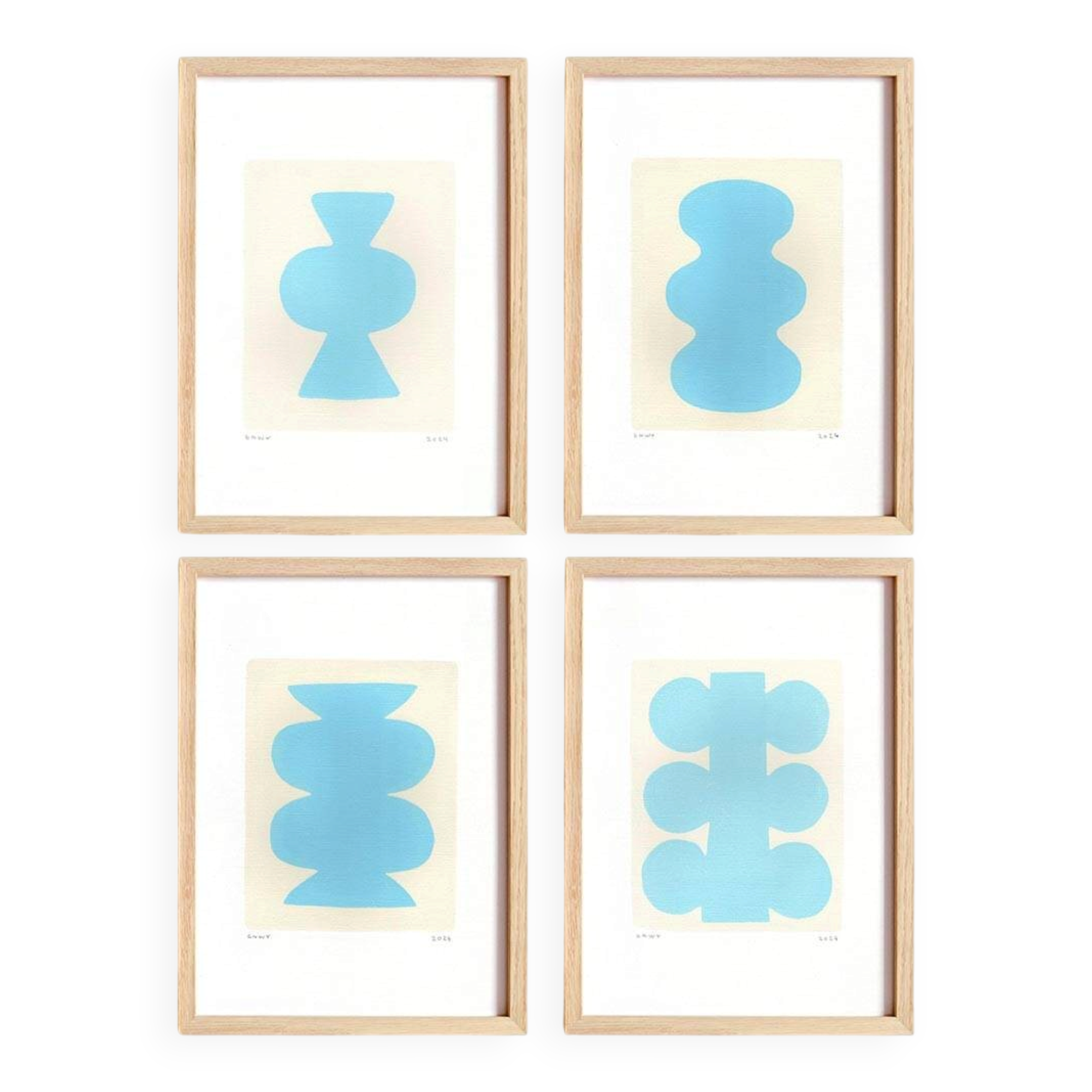 Collection of 4 sky blue abstract paintings signed Eawy.