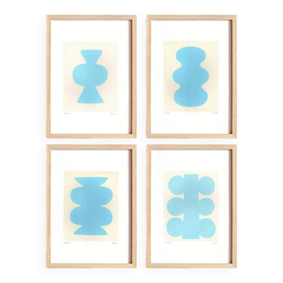 Collection de 4 peintures abstraites bleu ciel signées Eawy