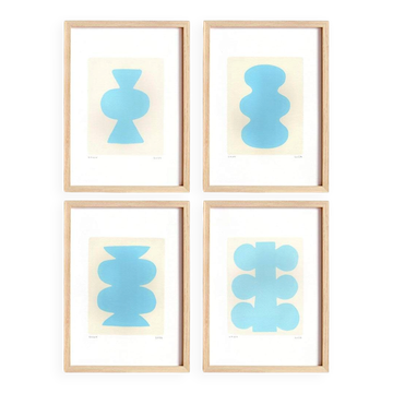 Collection of 4 sky blue abstract paintings signed Eawy.