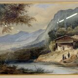 Swiss School from the beginning of the 20th century: watercolor depicting an animated landscape on the banks of a river