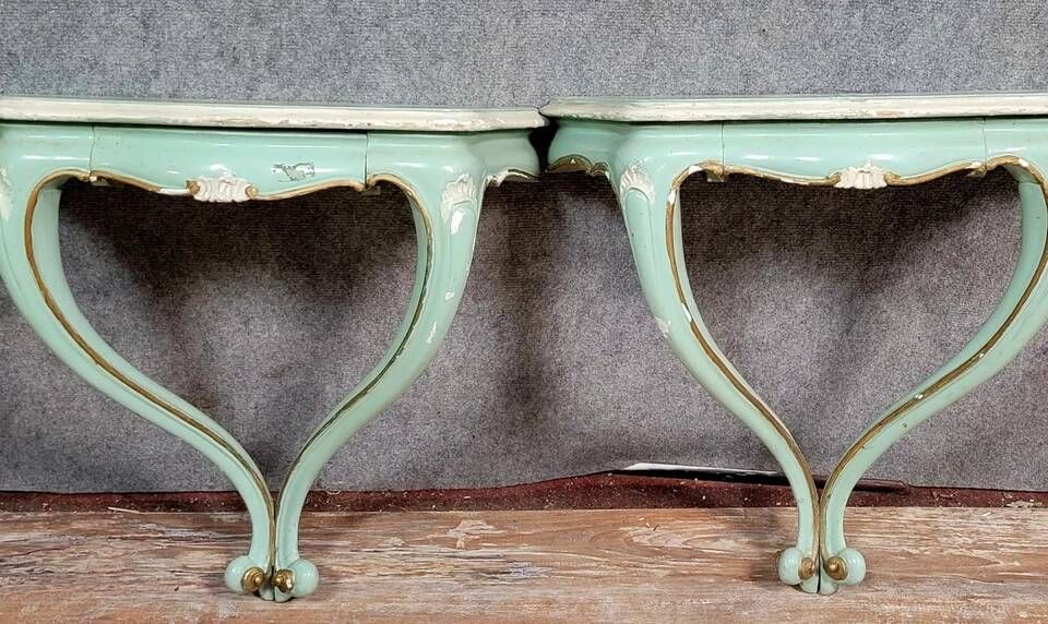 Pair of Venetian Louis XV style consoles in painted wood