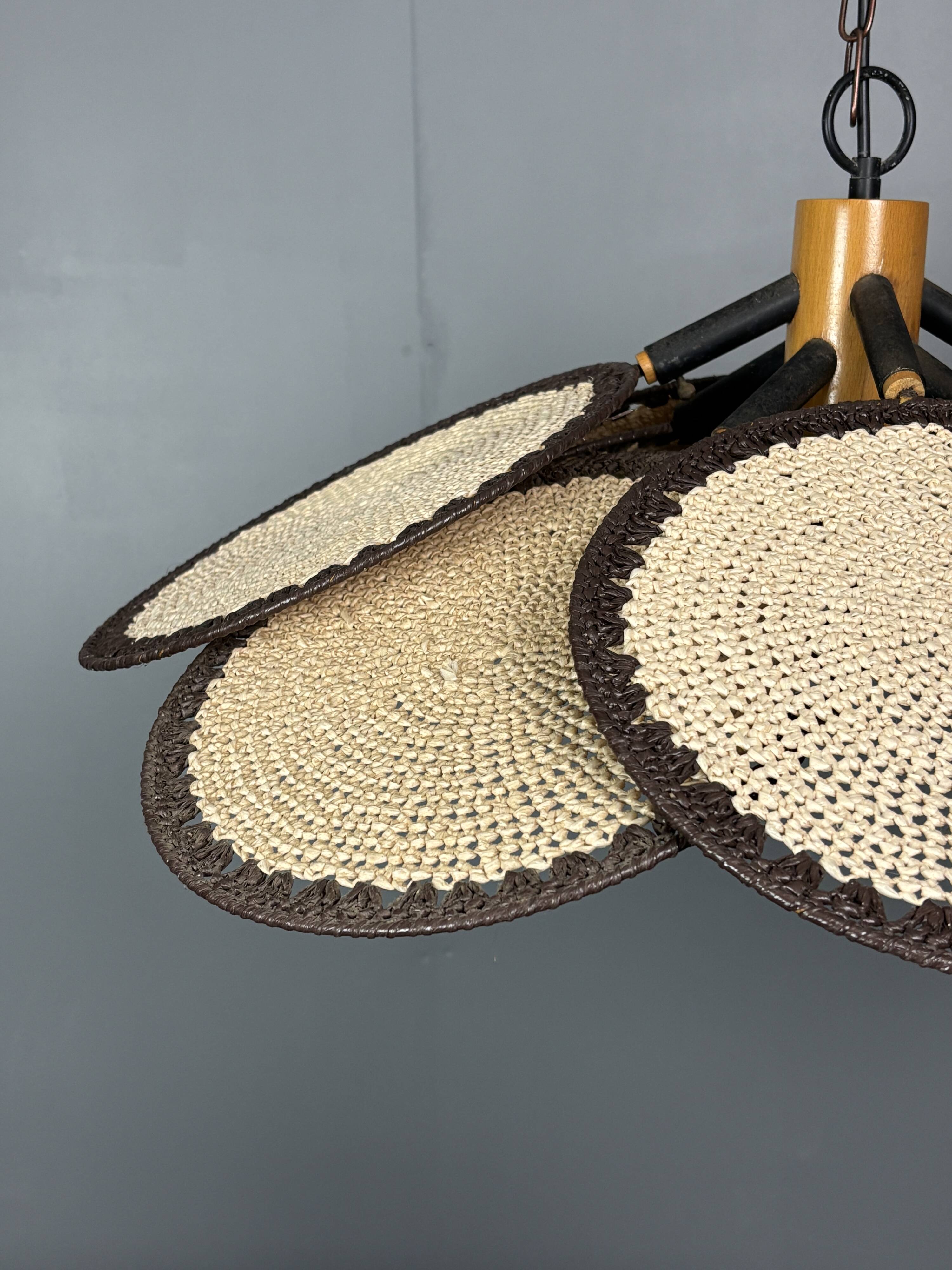Midcentury uchiwa fan macrame fiber rattan hanging pendant lamp, 1970s