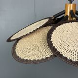 Midcentury uchiwa fan macrame fiber rattan hanging pendant lamp, 1970s