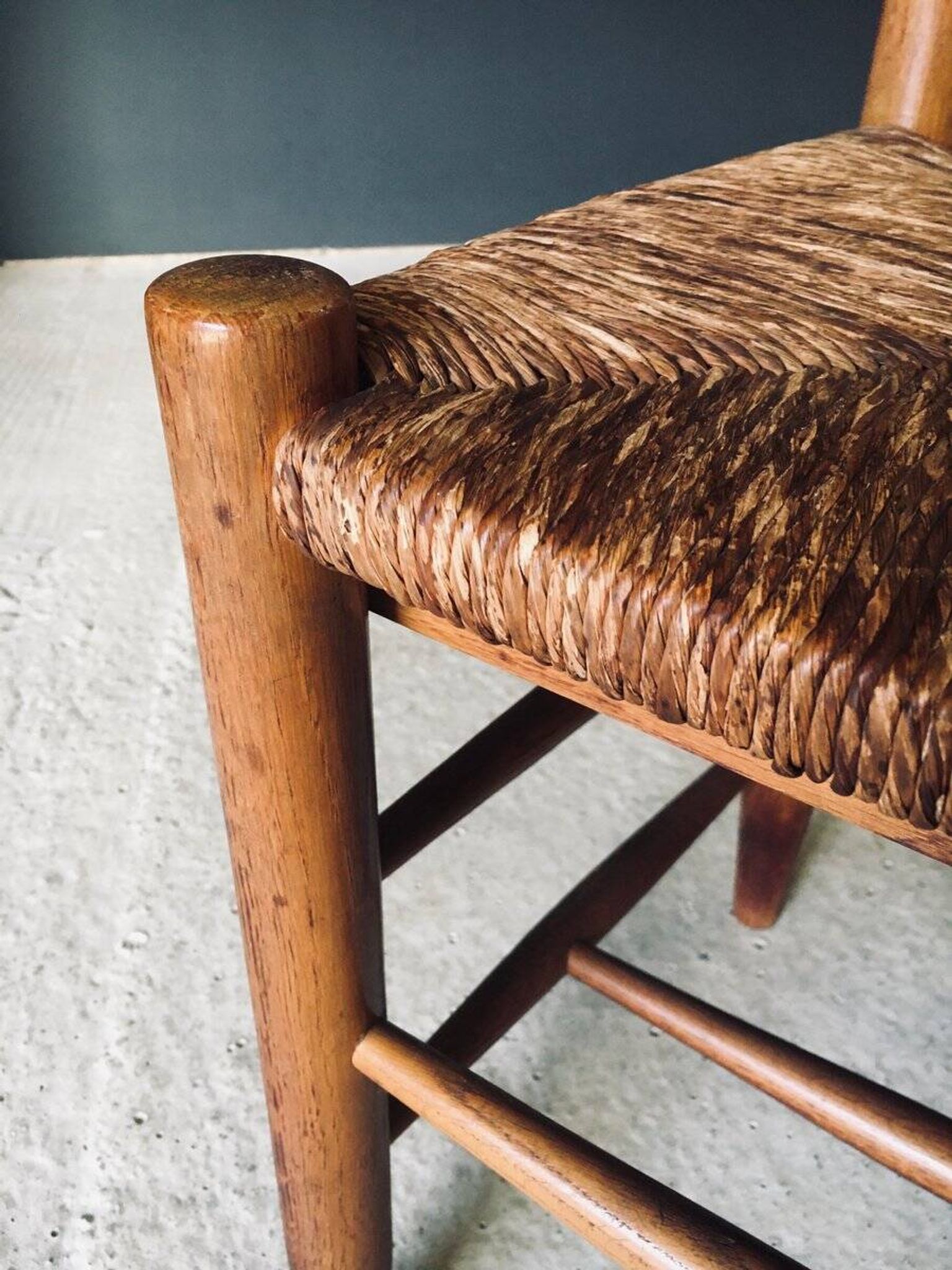 Low rustic ladder back dining chairs in oak and rush, Belgium, 1950s, set of 6.