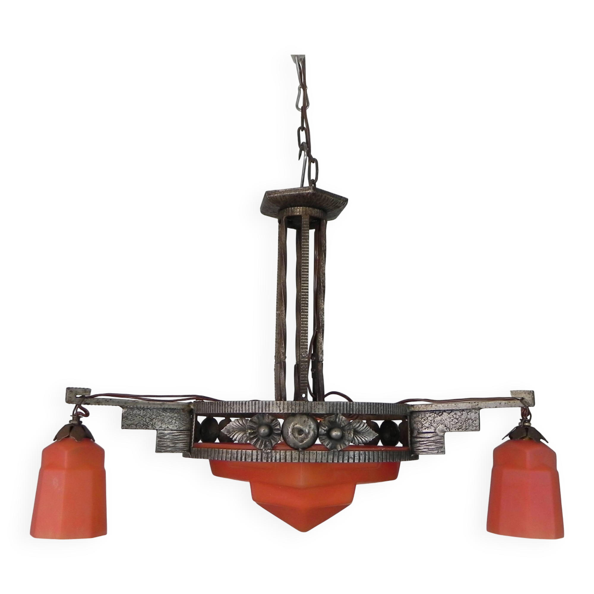 Art Deco pendant lamp with glass bowl and 3 chalices, 1930s