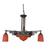 Lampe suspendue Art Déco avec bol en verre et 3 calices, années 1930