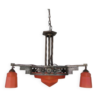 Lampe suspendue Art Déco avec bol en verre et 3 calices, années 1930
