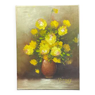 Vase au bouquet de fleurs jaunes, signature à identifier, huile sur toile