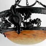Wrought Iron and Glass Paste Pendant Light, Art Nouveau / Art Deco, Early 20th Century
