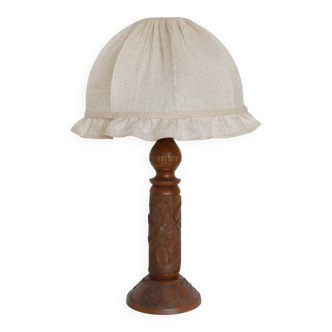Table lamp, carved wooden base from the 1930s and dome shade with a frill.