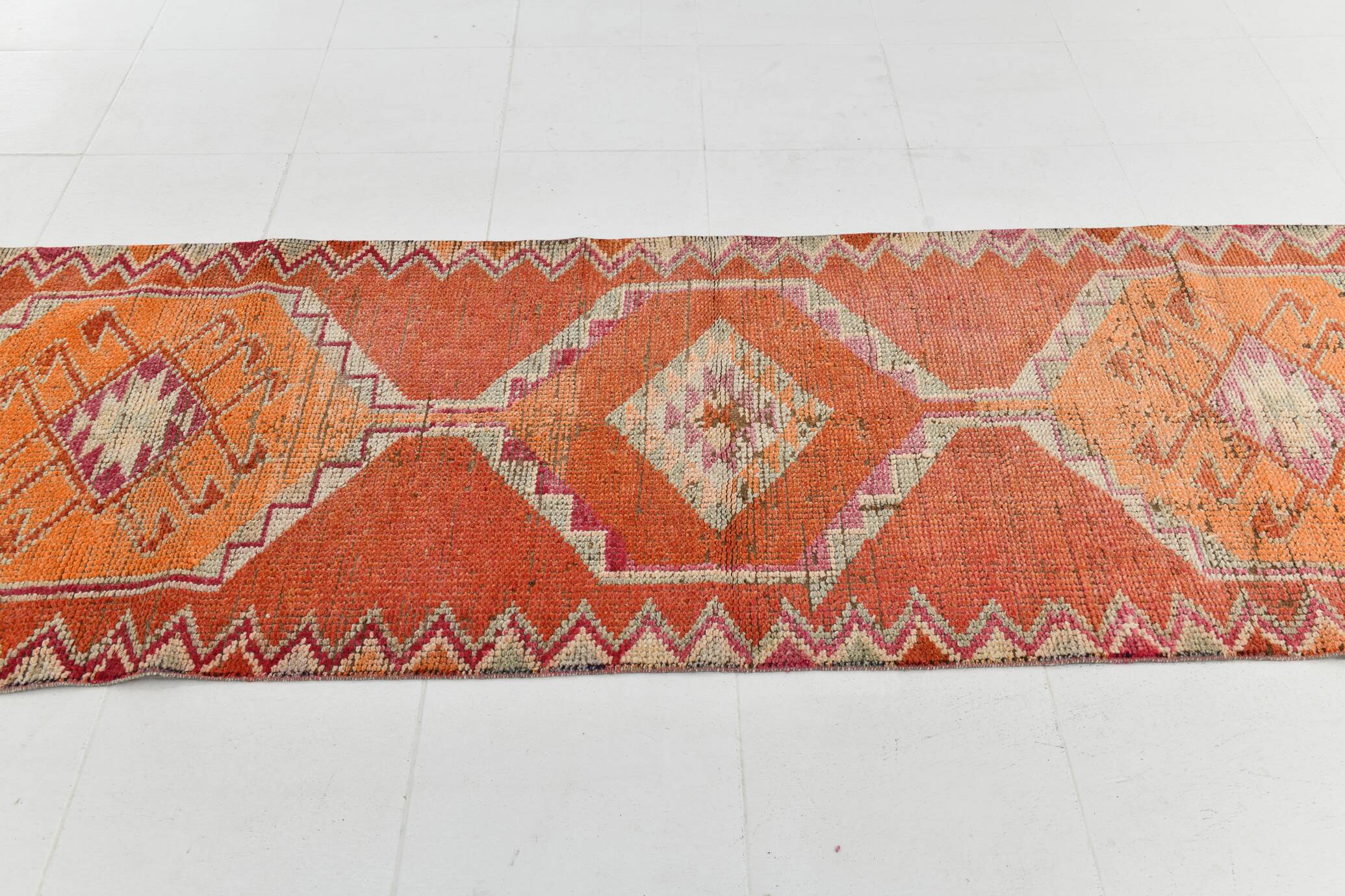 3x11 Runner Coral Red Vintage Runner Rug, Wool Corridor Rug, 94x329Cm