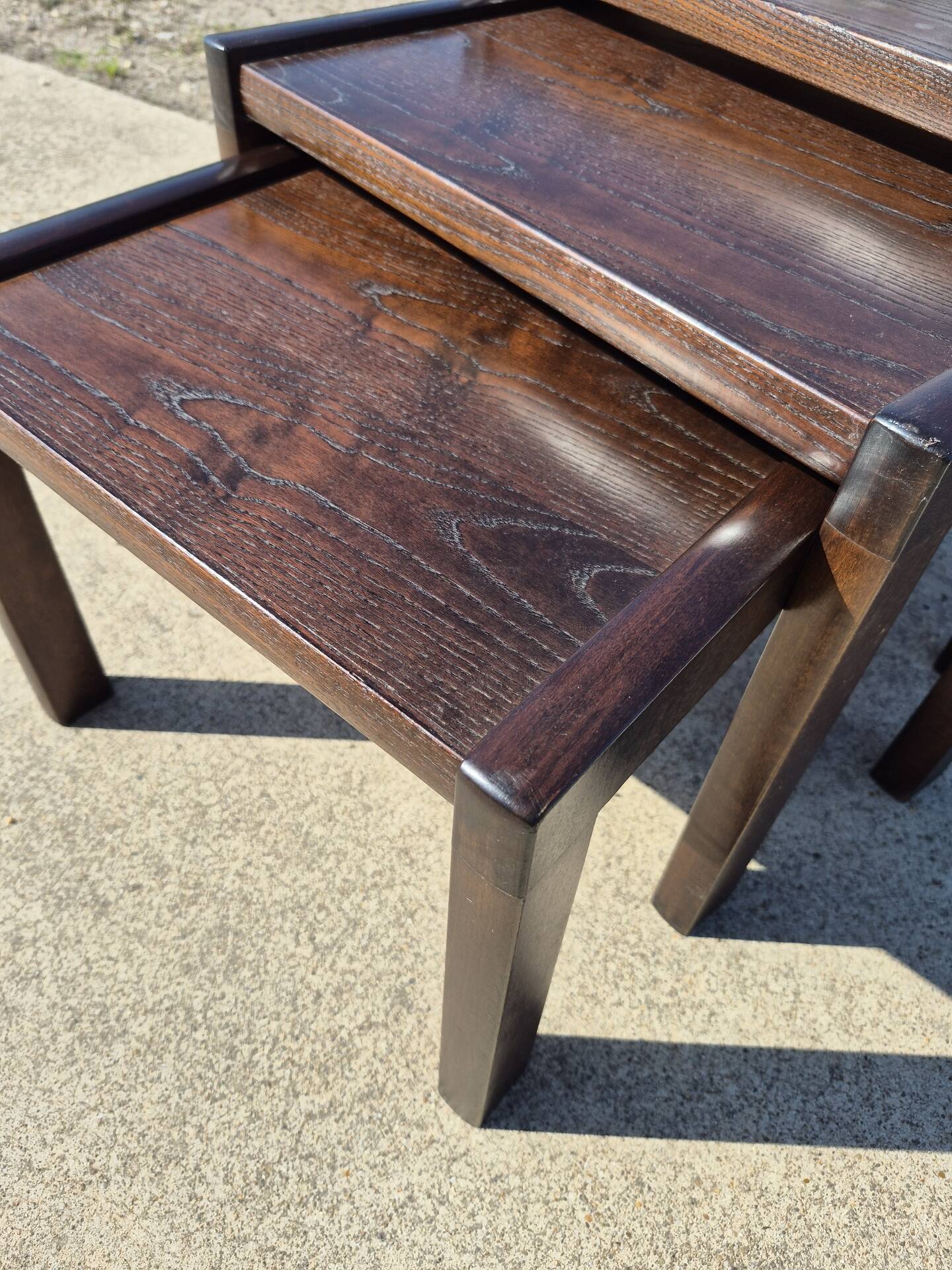 Set 3 vintage dark wooden nesting tables 1970s brutalist