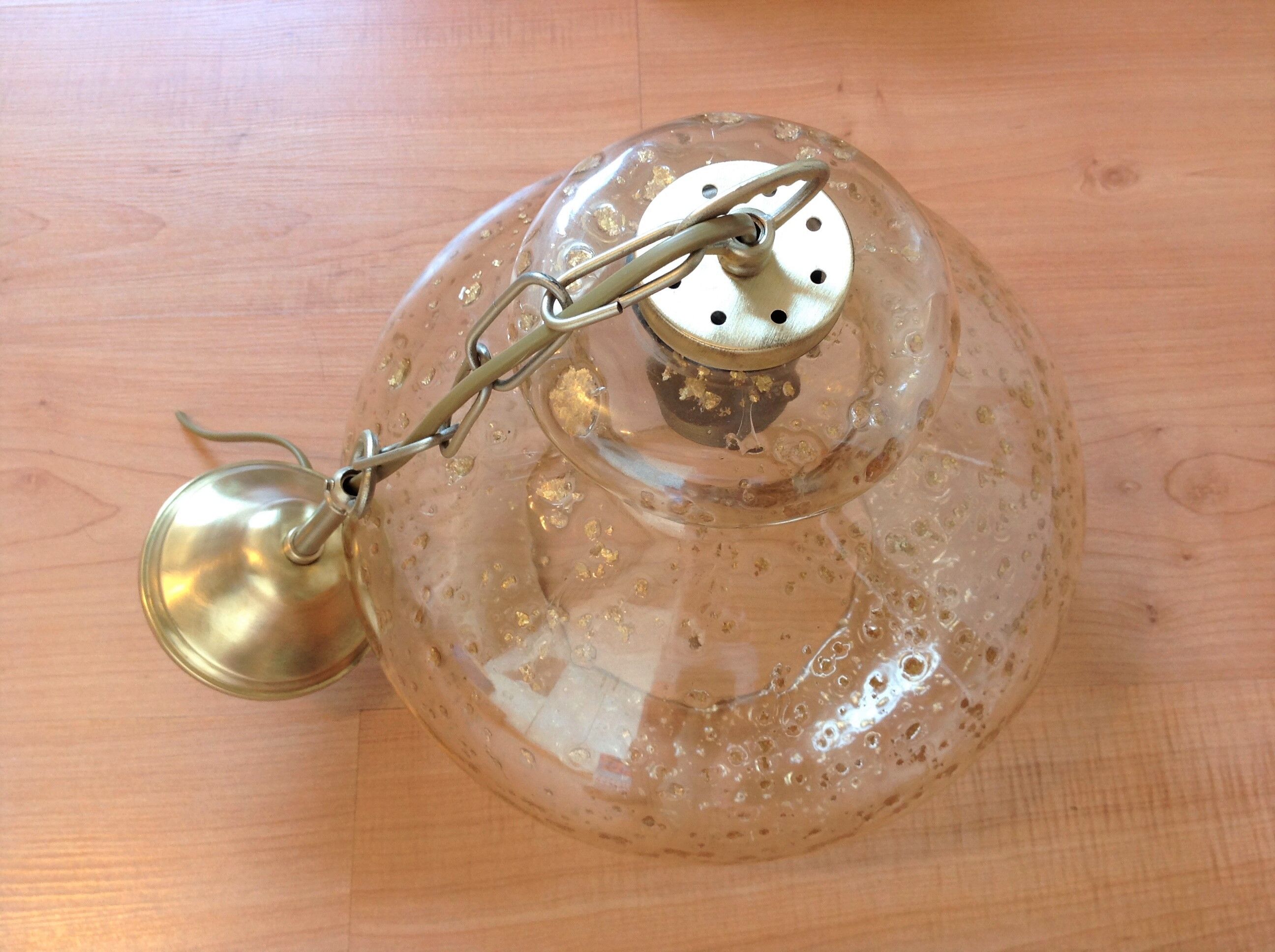 Suspension globe en verre bullé ambré et pailleté /vintage années 60-70
