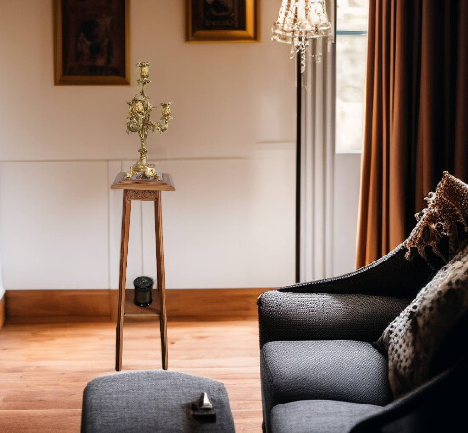 Art Deco sculpted pedestal in solid wood and marble – circa 1930