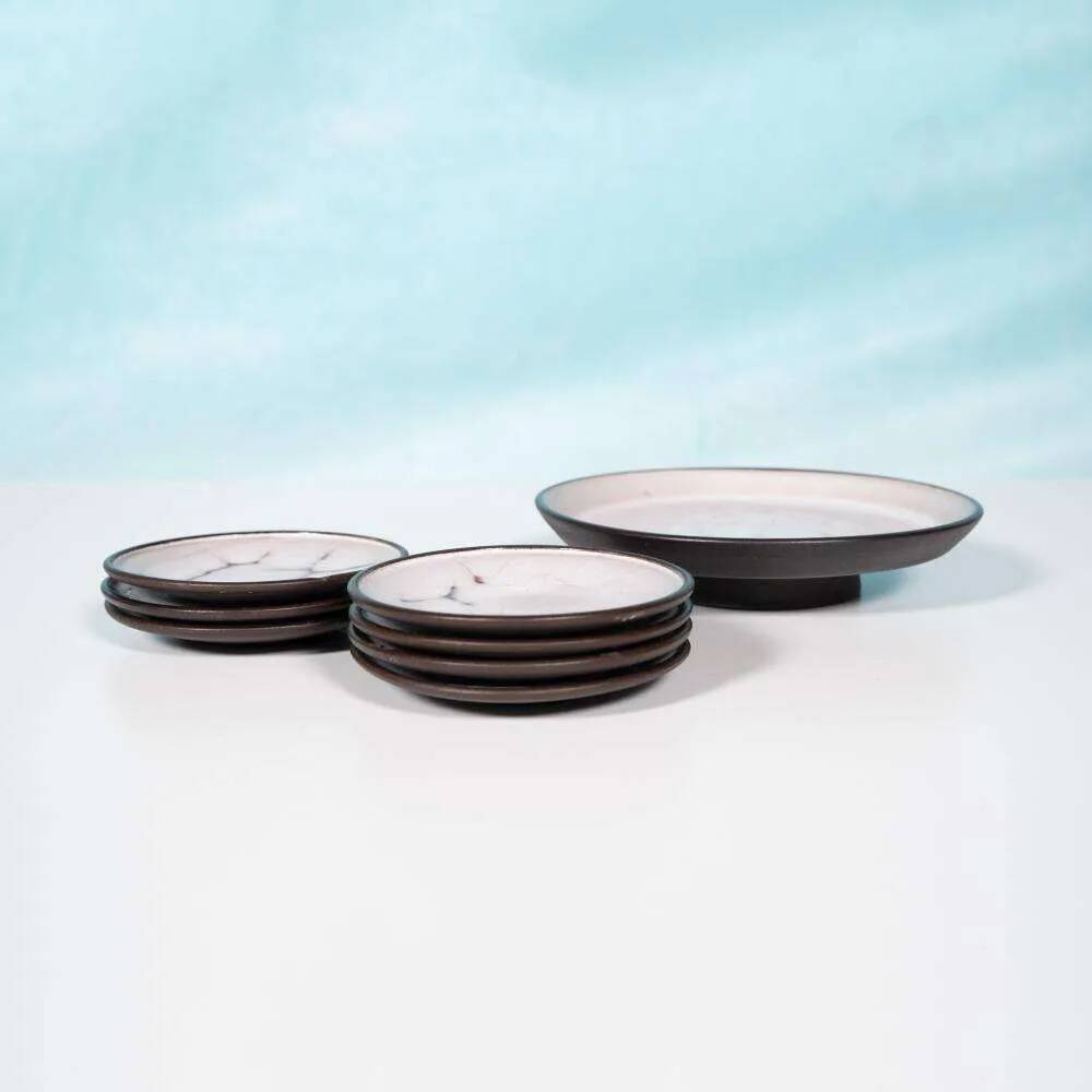 Vintage Mobach pastry set, fat lava ceramic serving plates.