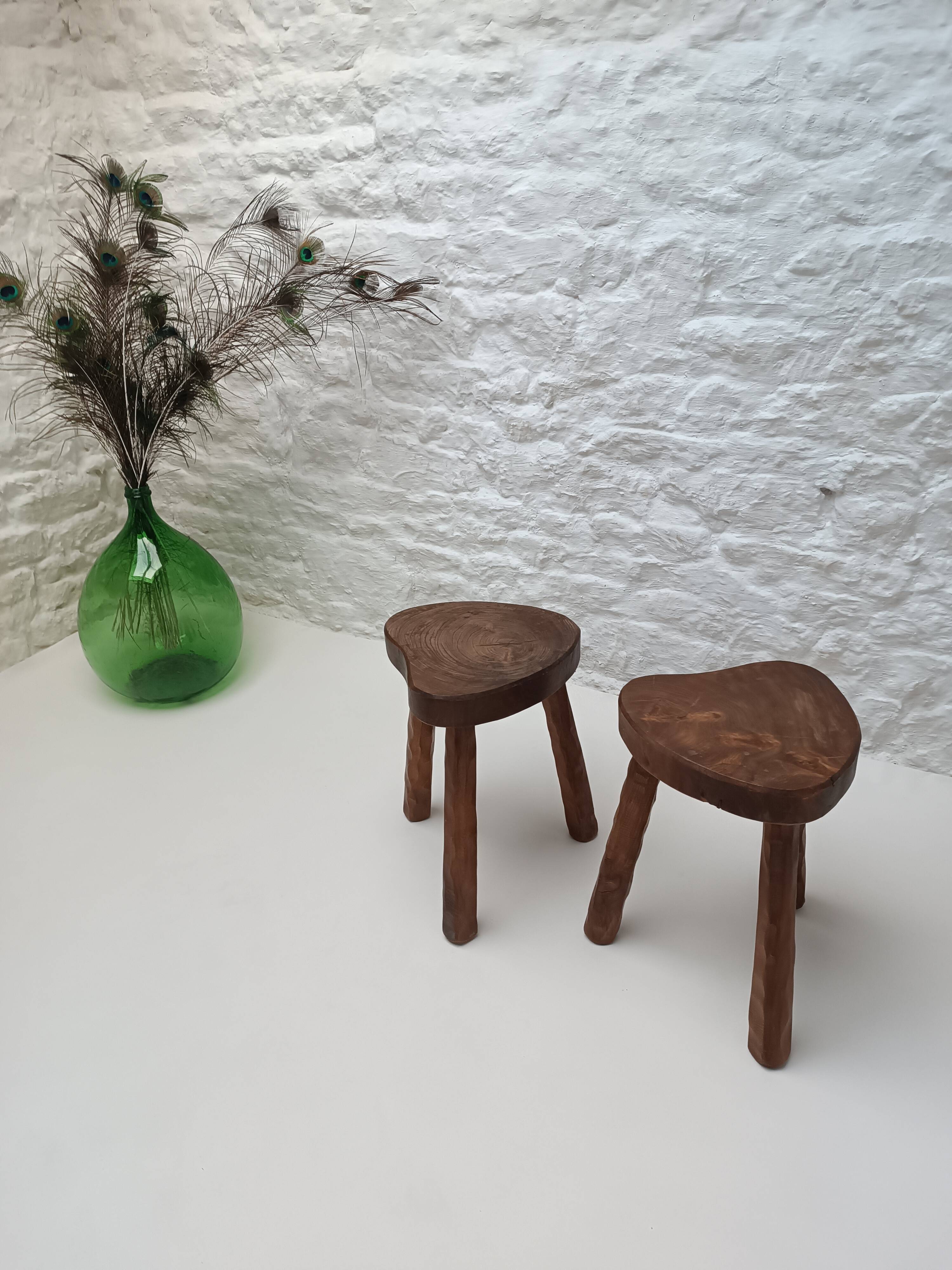 Pair of tripod stools in vintage 50s/60s brutalist elm.