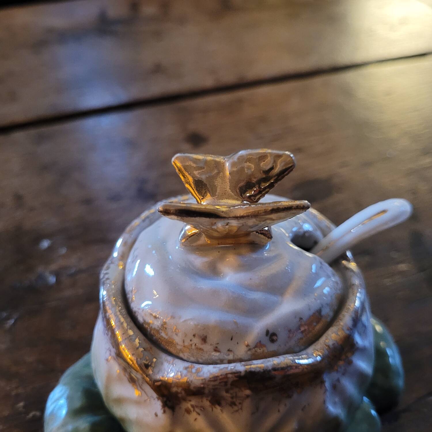 Antique mustard pot porcelain - Cabbage and butterfly - Barbotine 19th century