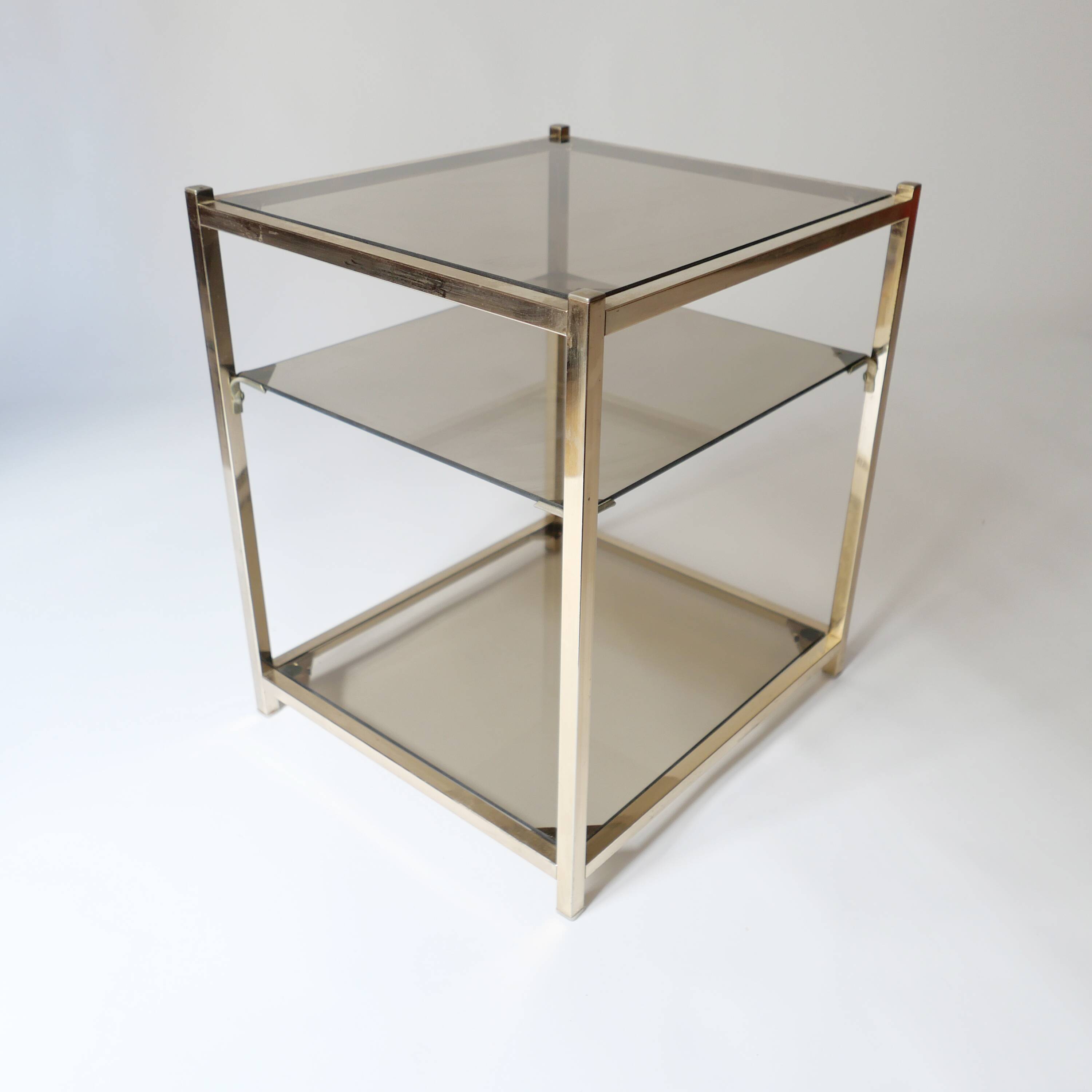 vintage coffee table design 1960s 1970s in gold metal and smoked glass