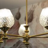 Lustre 5 feux vintage en verre et laiton