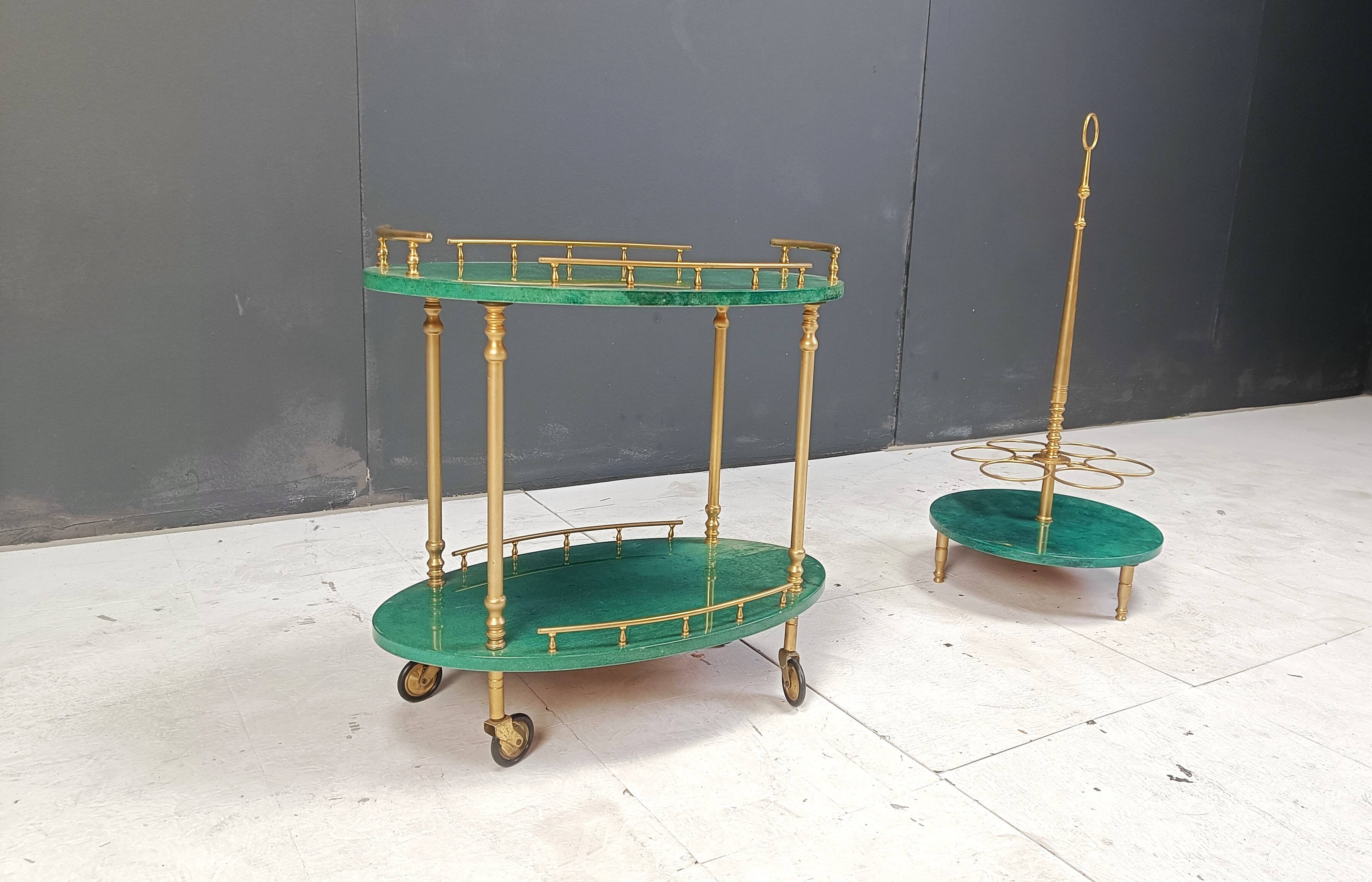 Italian Lacquered Goatskin Swan Bar Cart and wine bottle stand by Aldo Tura
