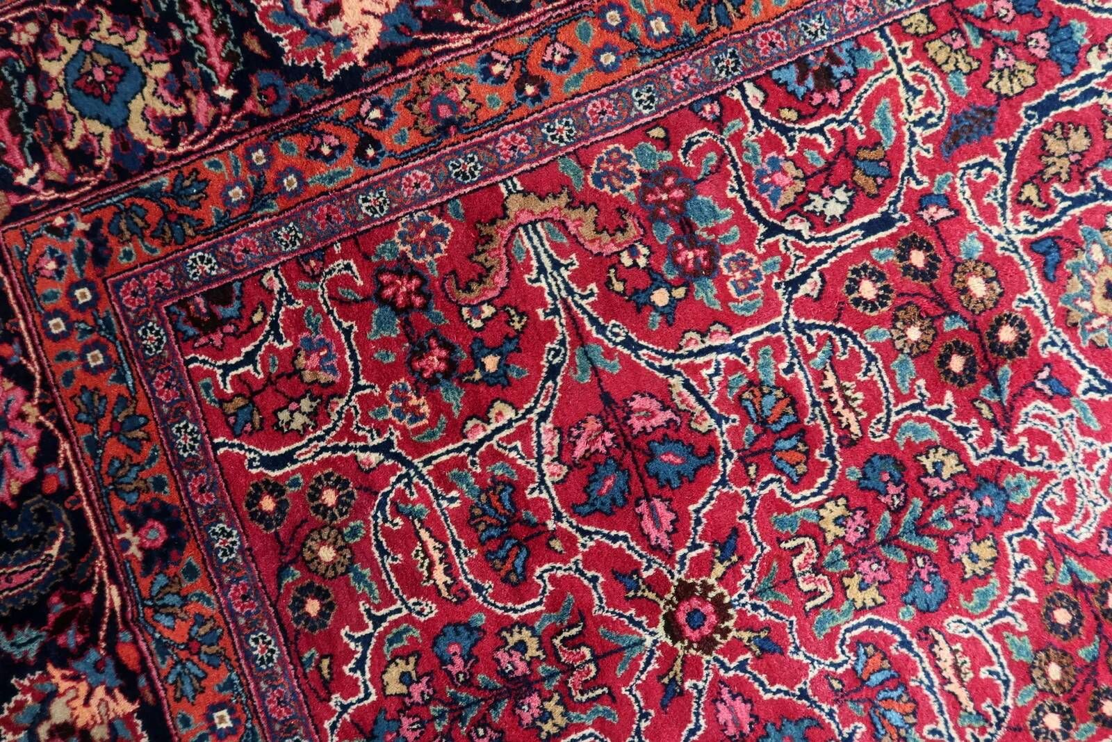 1920s Handmade Antique Wool Floral Rug, Red & Navy, 313 × 396 cm - 1C1303