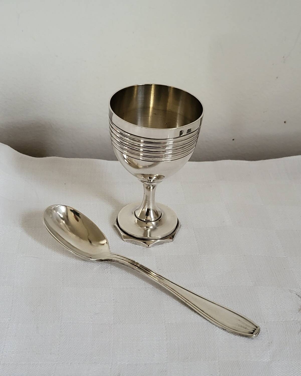 Egg Cup and Small Spoon in Silver Metal