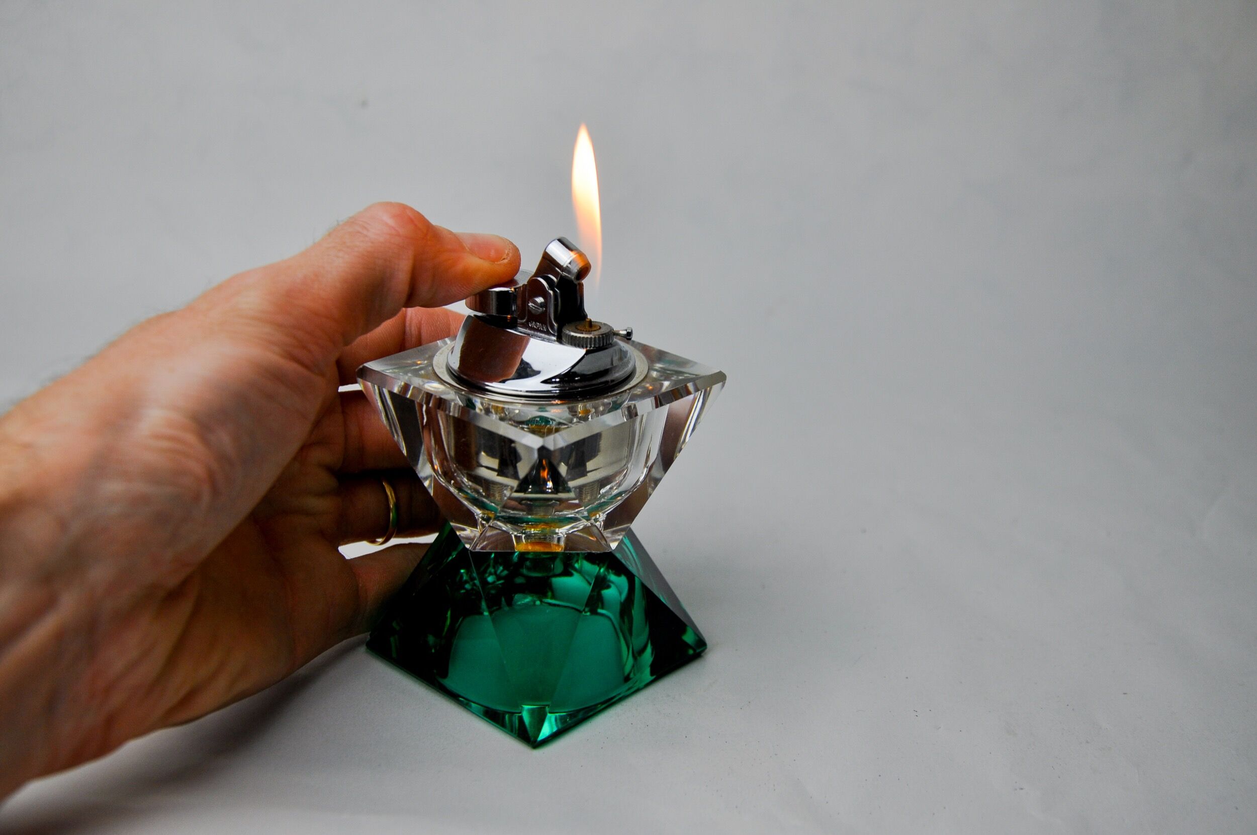 Lighter faceted by Seguso, green and transparent murano glass, Italy, 1970