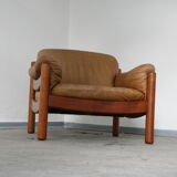 Teak and leather club armchairs