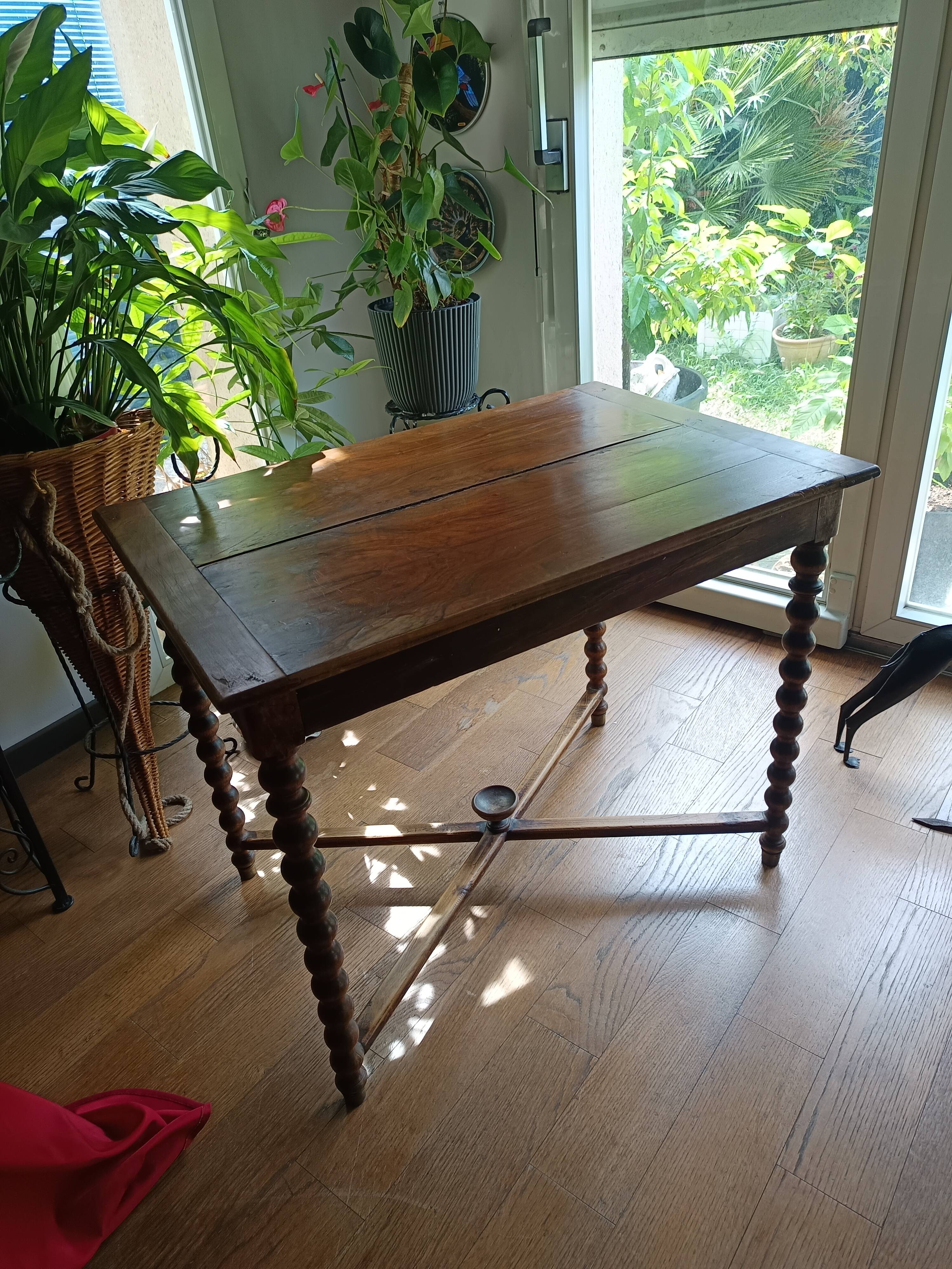 Antique solid walnut table with turned legs, france, late 19th century