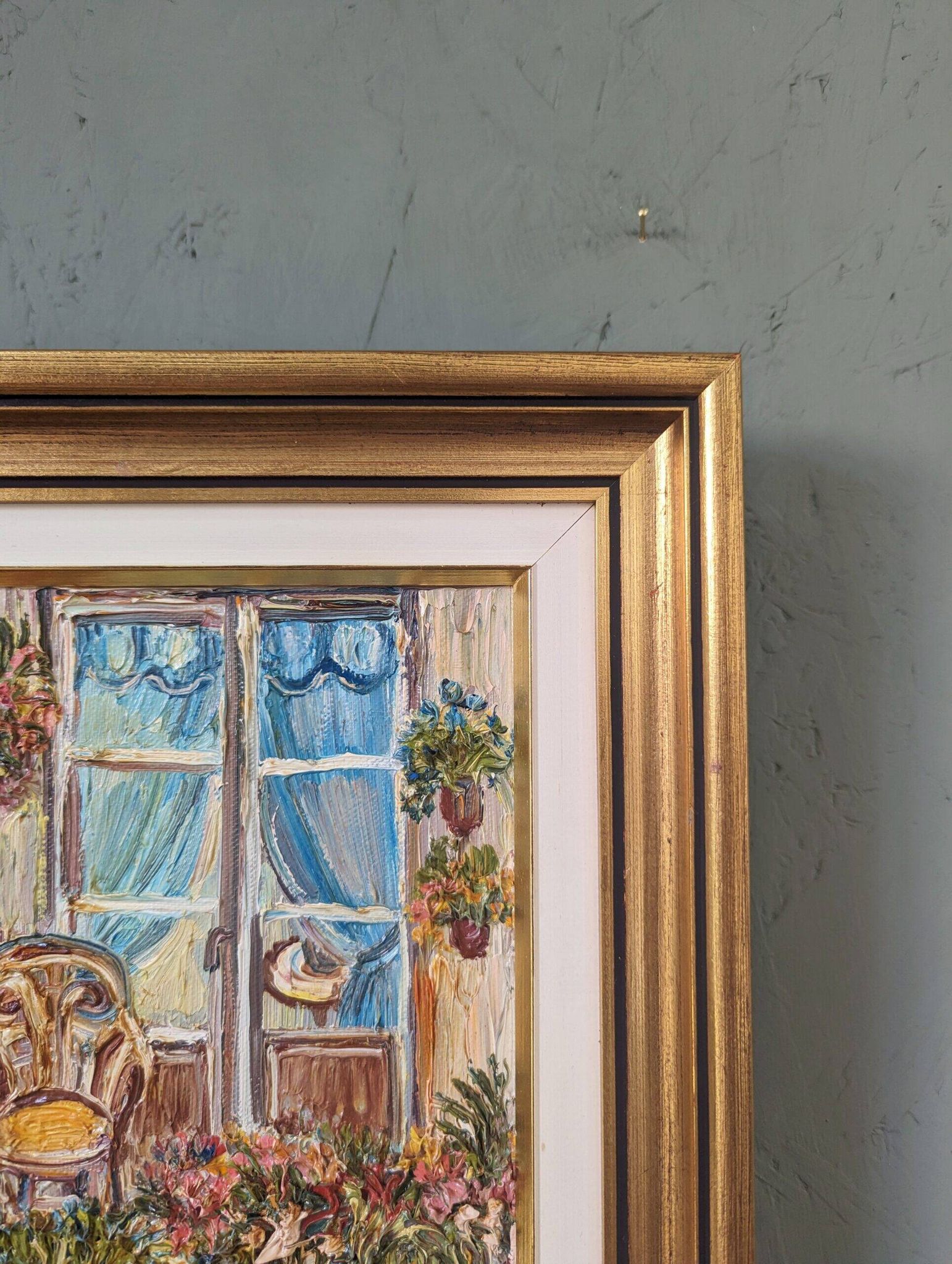 Mid-Century Modern Swedish "Balcony Garden" Vintage Oil Painting, Framed