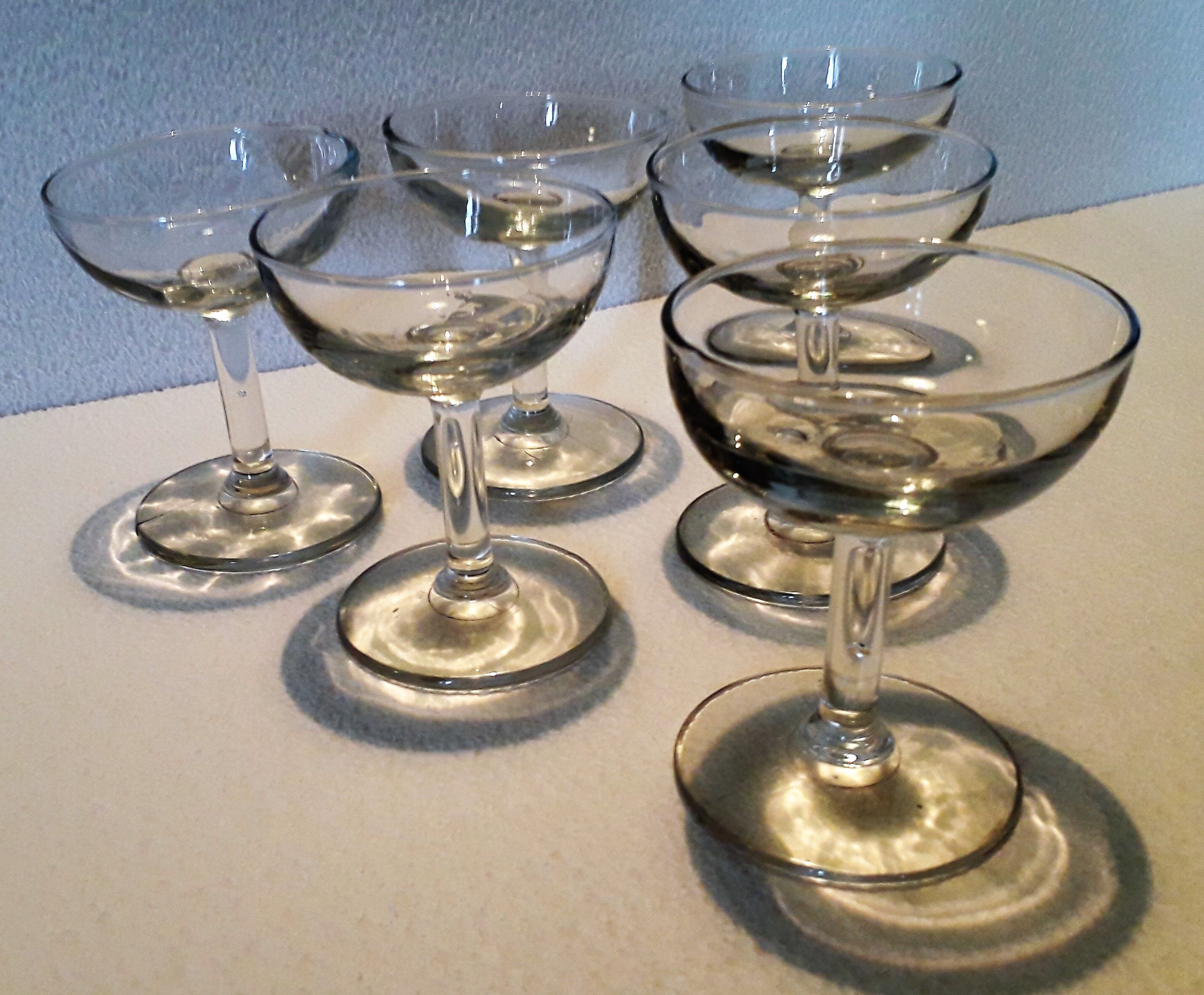 Six old blown glass champagne cups