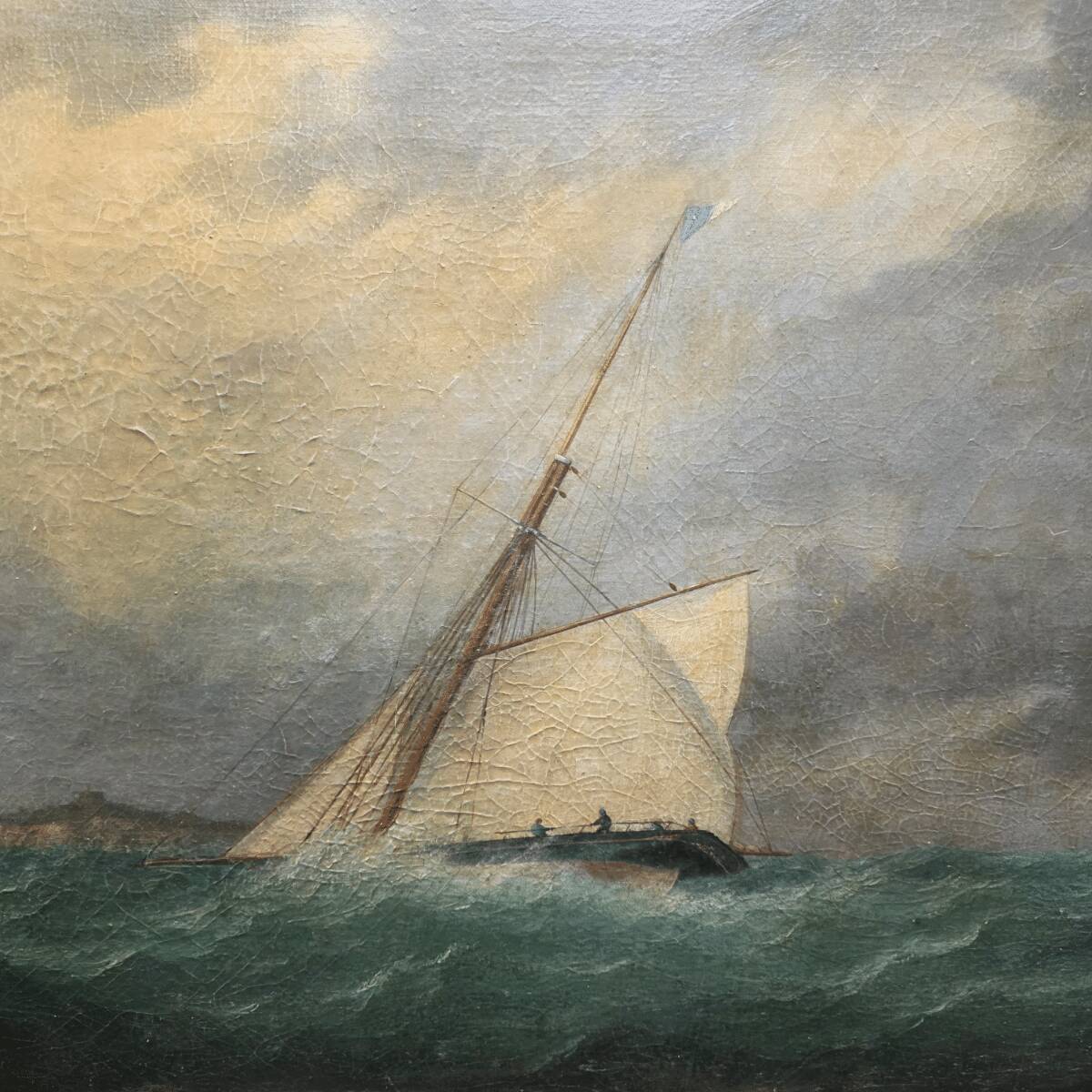 Antique Painting With A Sailboat On A Rough Sea, from around 1900