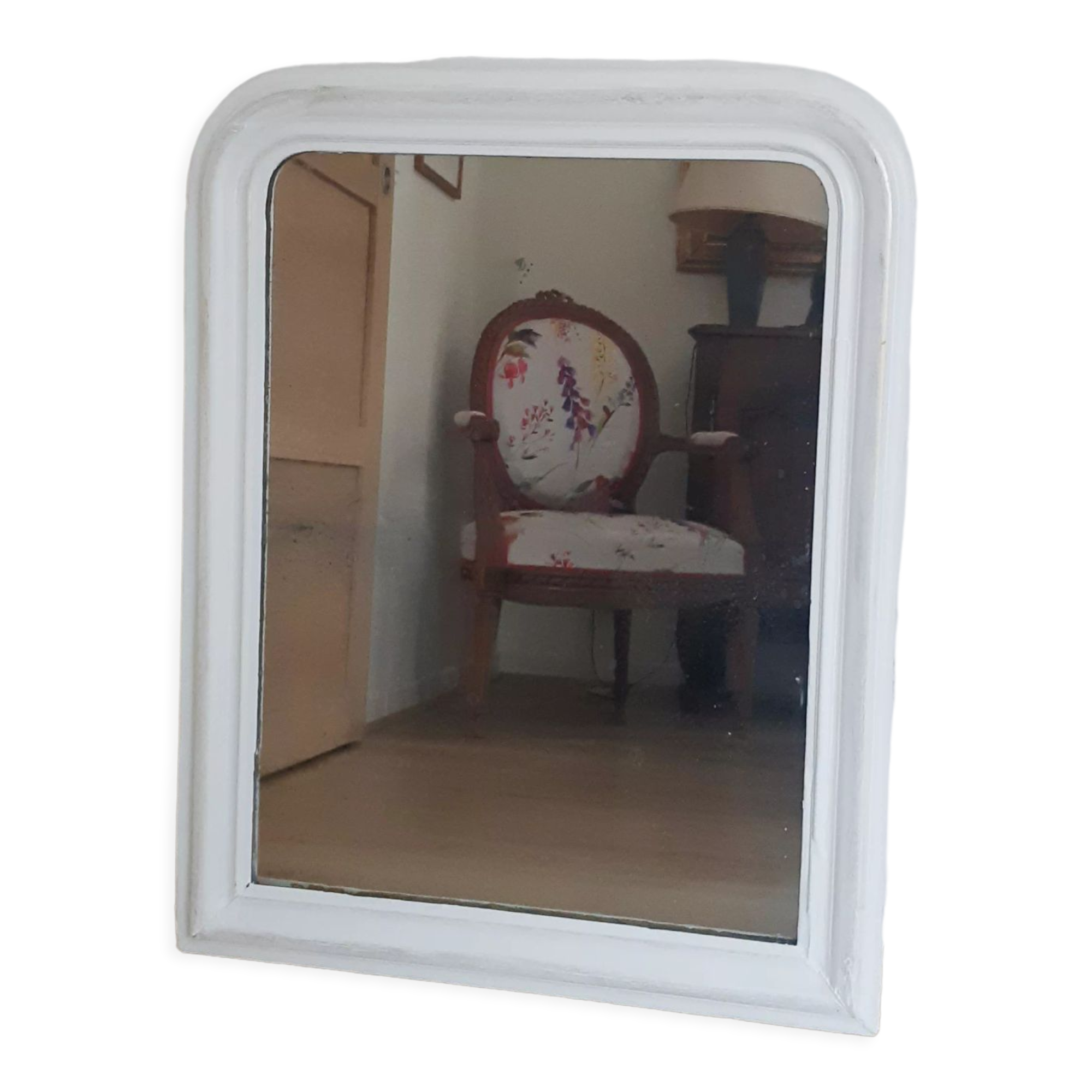 Old mirror, Louis Philippe style, white and gold patina, antique French