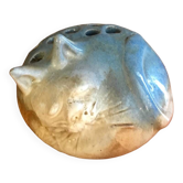 Flat ceramic cat-shaped flower frog vase, signed