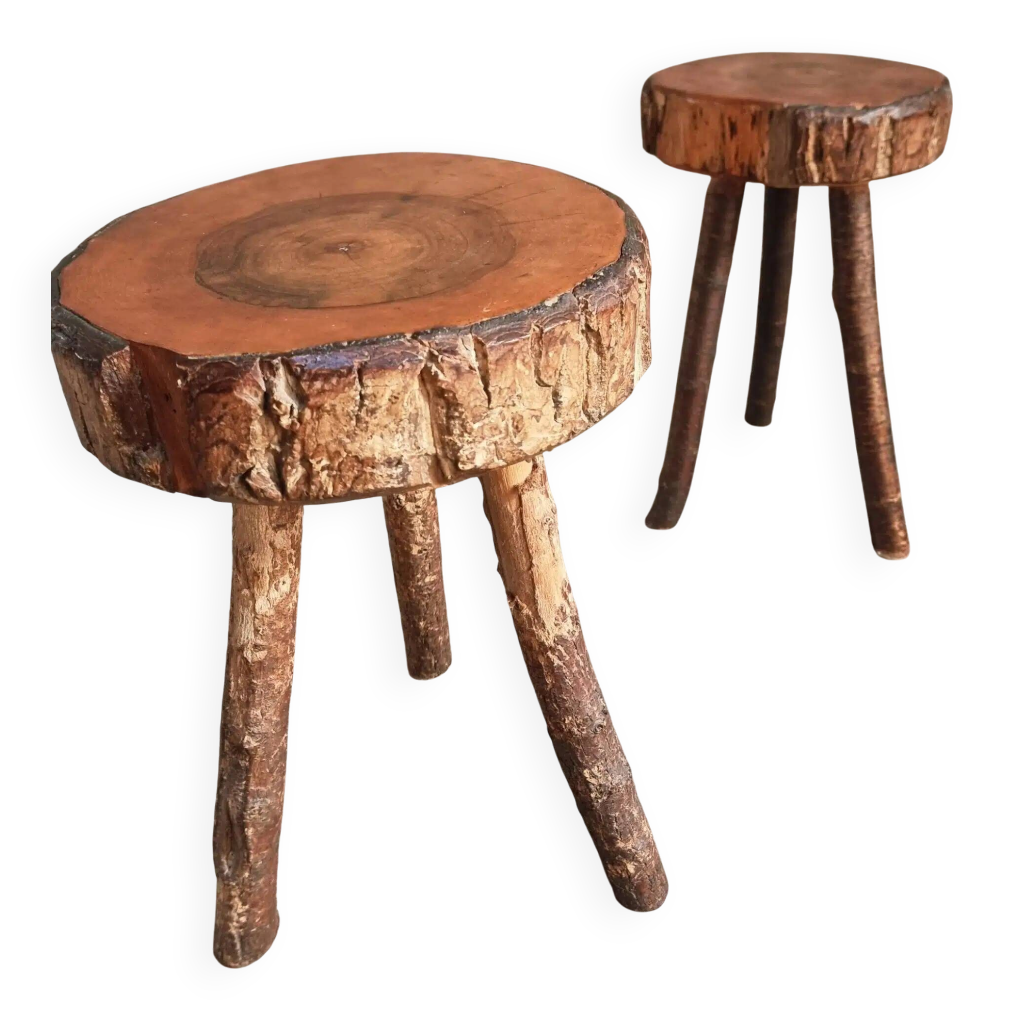 Vintage wooden tripod stools, set of 2, France 1960s