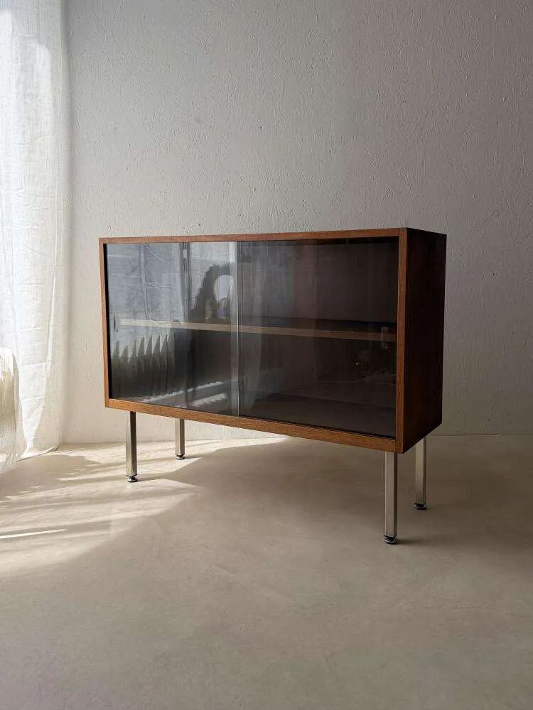 Walnut display cabinet from the 60s with smoked glass