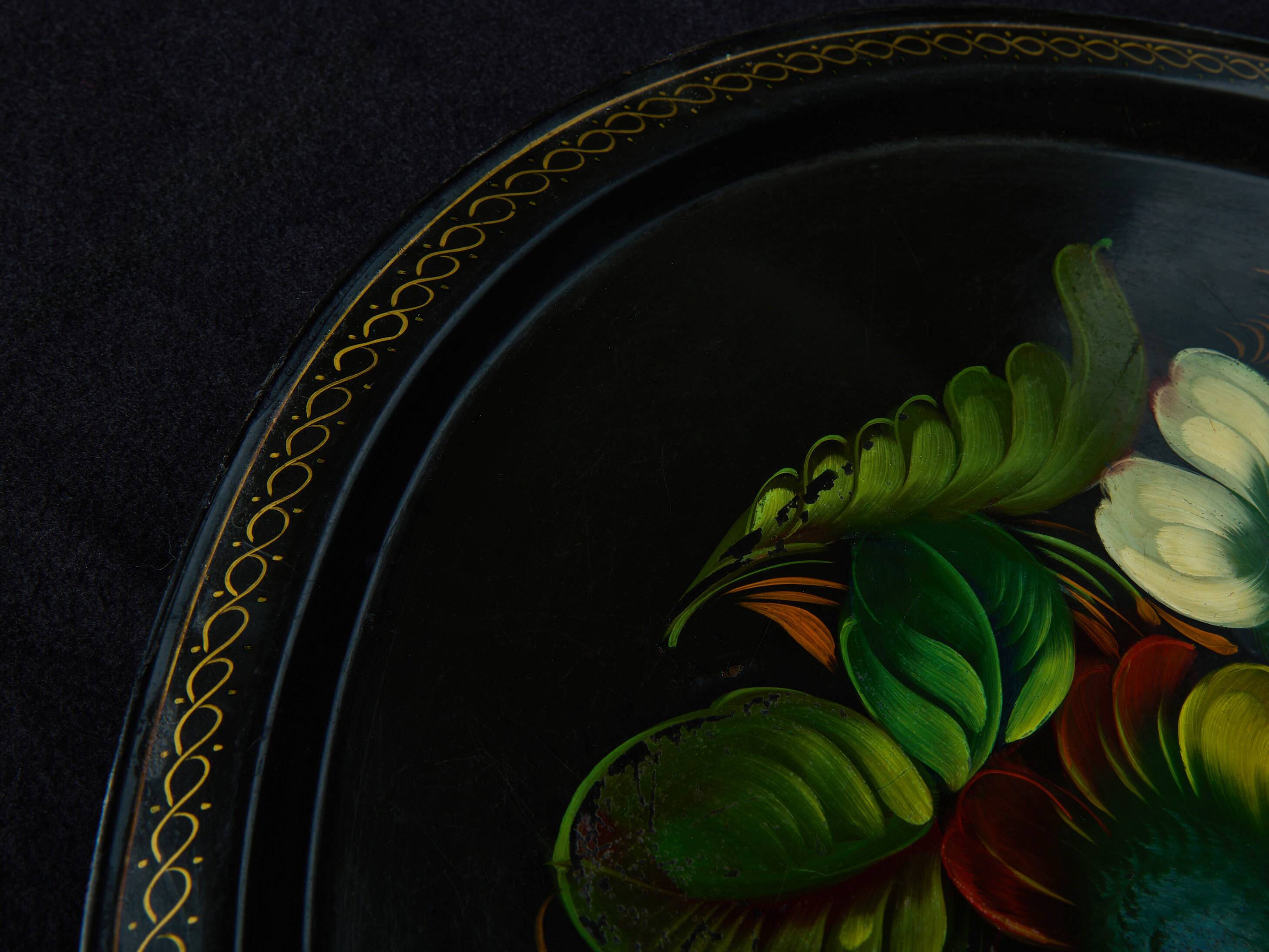 Beautiful antique hand-painted metal tray - colorful floral pattern