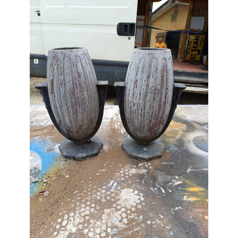 Pair of Art Deco enamelled cast iron vases