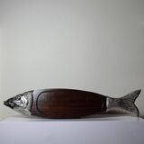 Large vintage 1960s wooden and silver-plated metal salmon serving tray