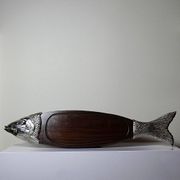 Large vintage 1960s wooden and silver-plated metal salmon serving tray