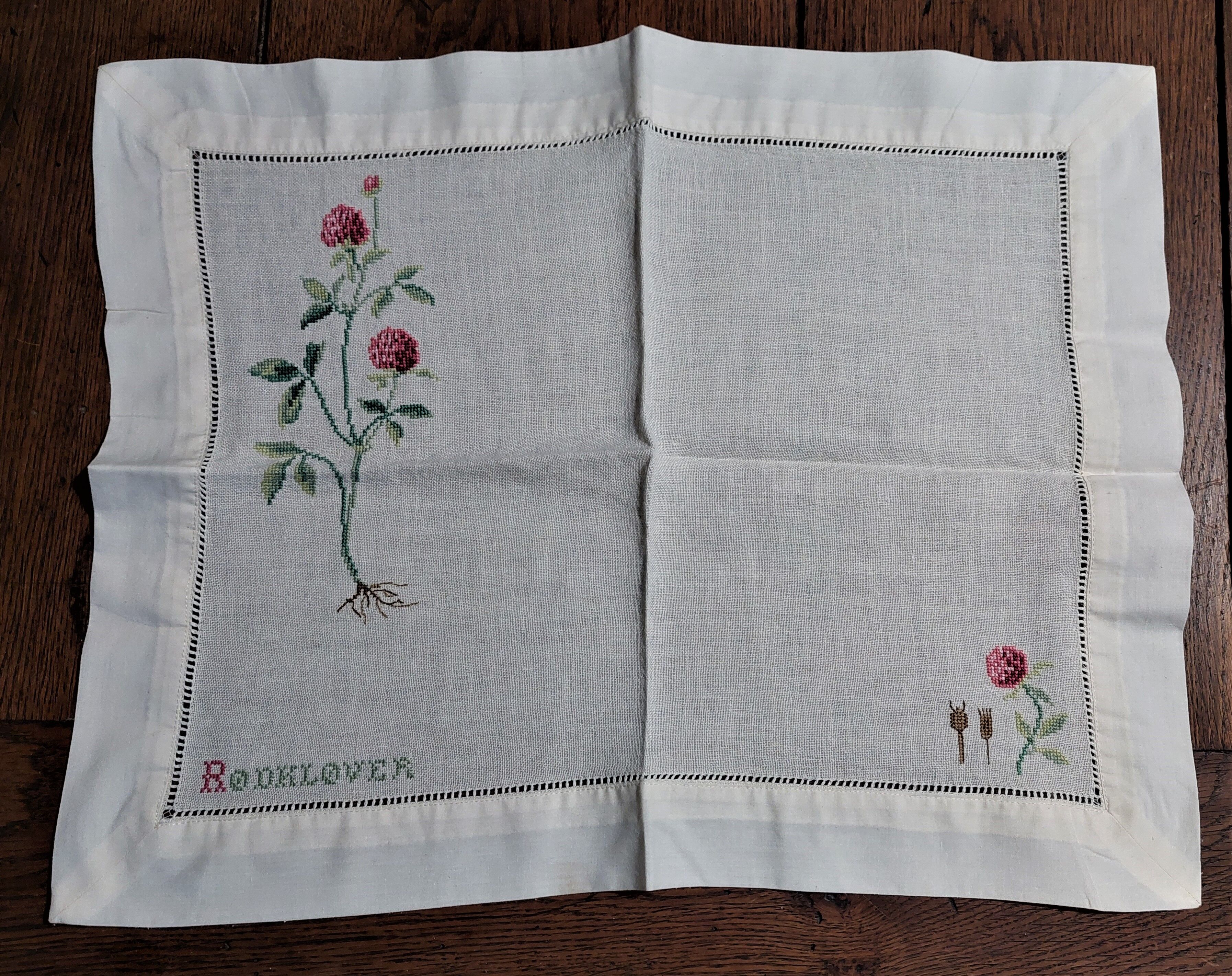 Embroidered placemats in vintage linen field flowers series of seven