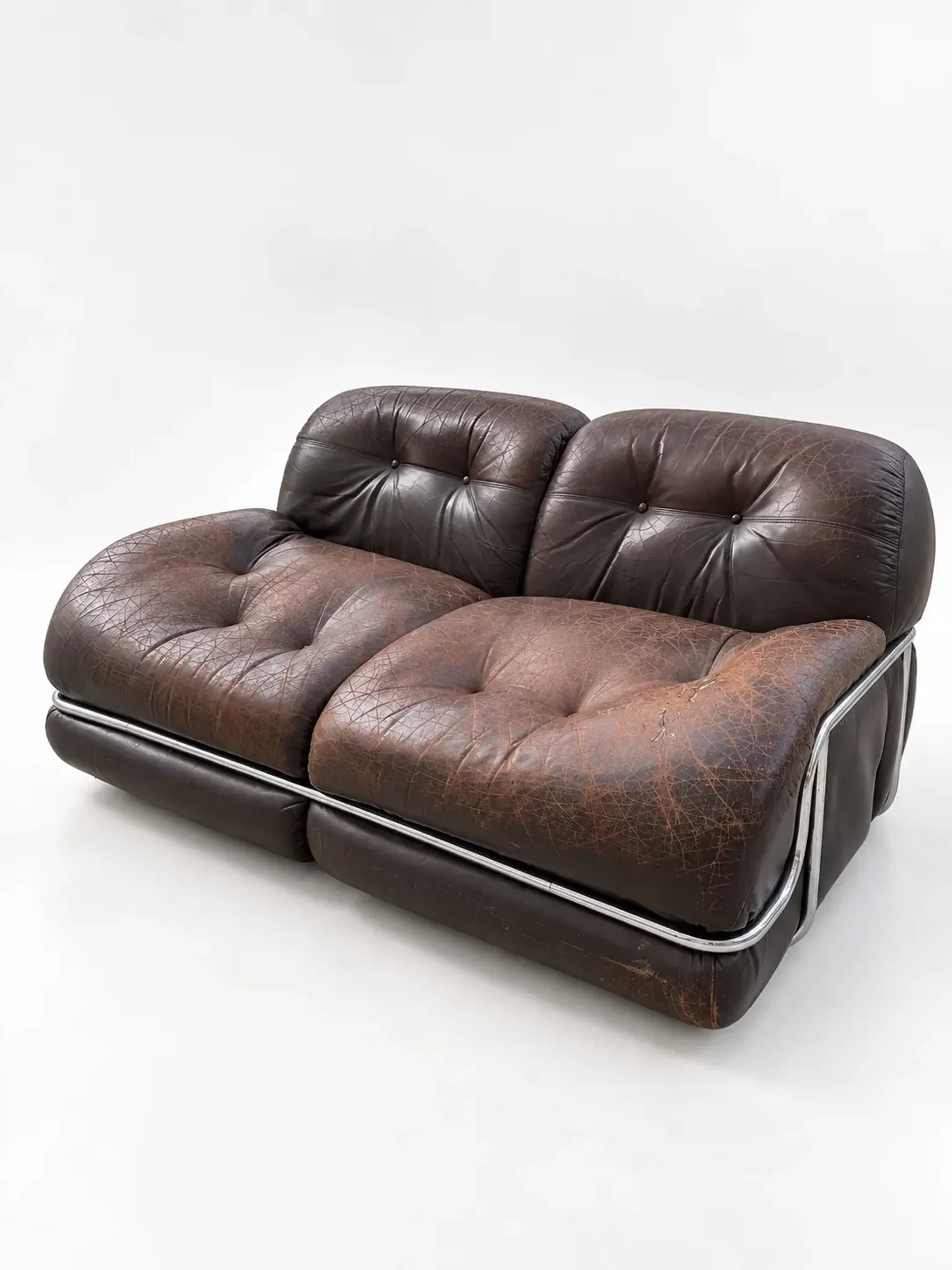 Canapé en cuir marron et chrome, années 1970