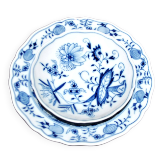 Assiette à dessert et coupelle en porcelaine de Meissen - décor oignon bulbe 18cm