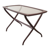 Italian Design Wooden Scissor Frame Side Table with Glass Top. Italy, 1950s