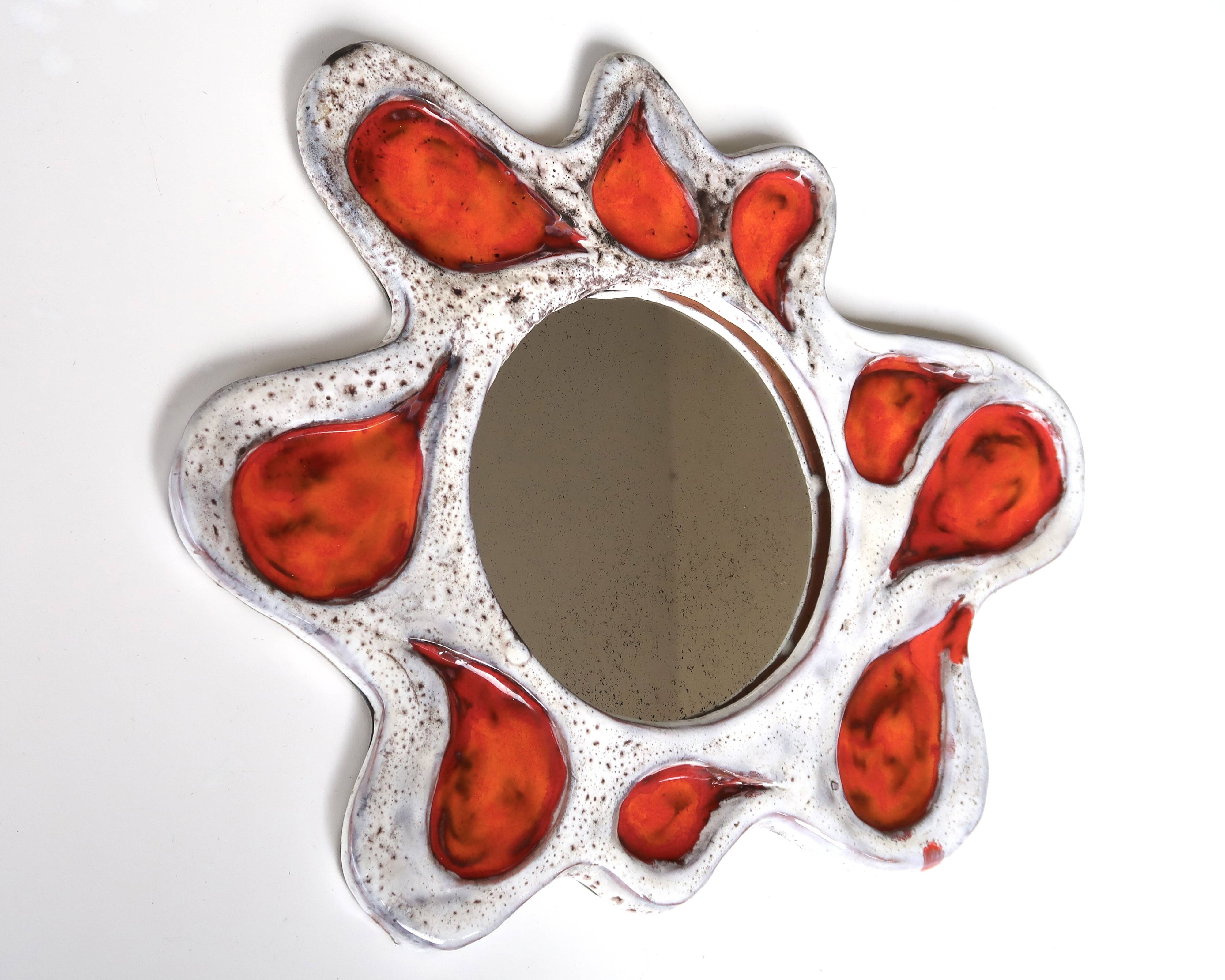 Orange and gray ceramic wall mirror, Vallauris, 1960s