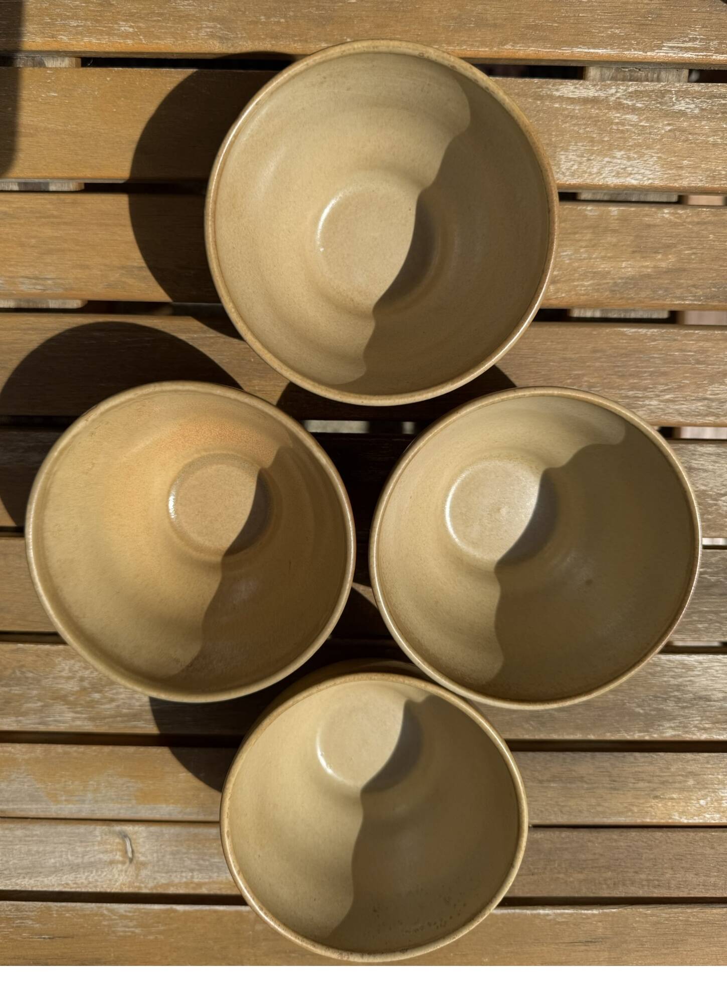 Vintage brown beige stoneware teapot set with 4 bowls.