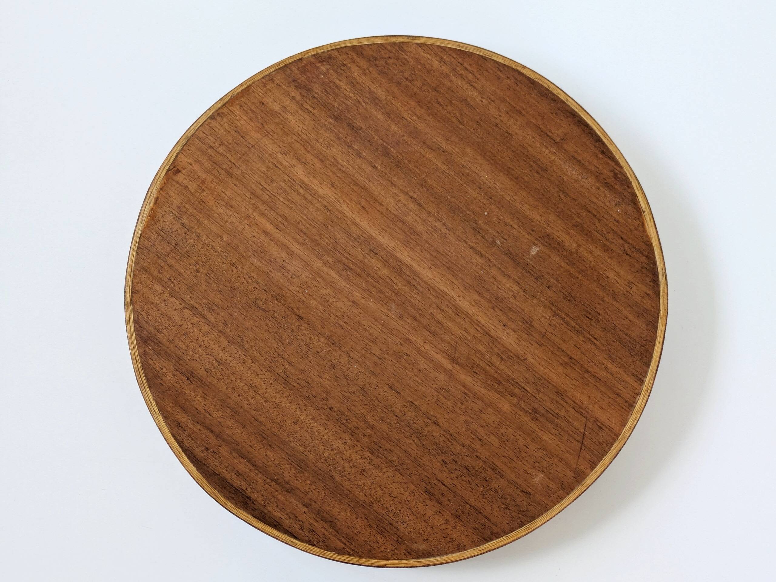 Round checkered tray in marquetry wood, vintage design from the 60s
