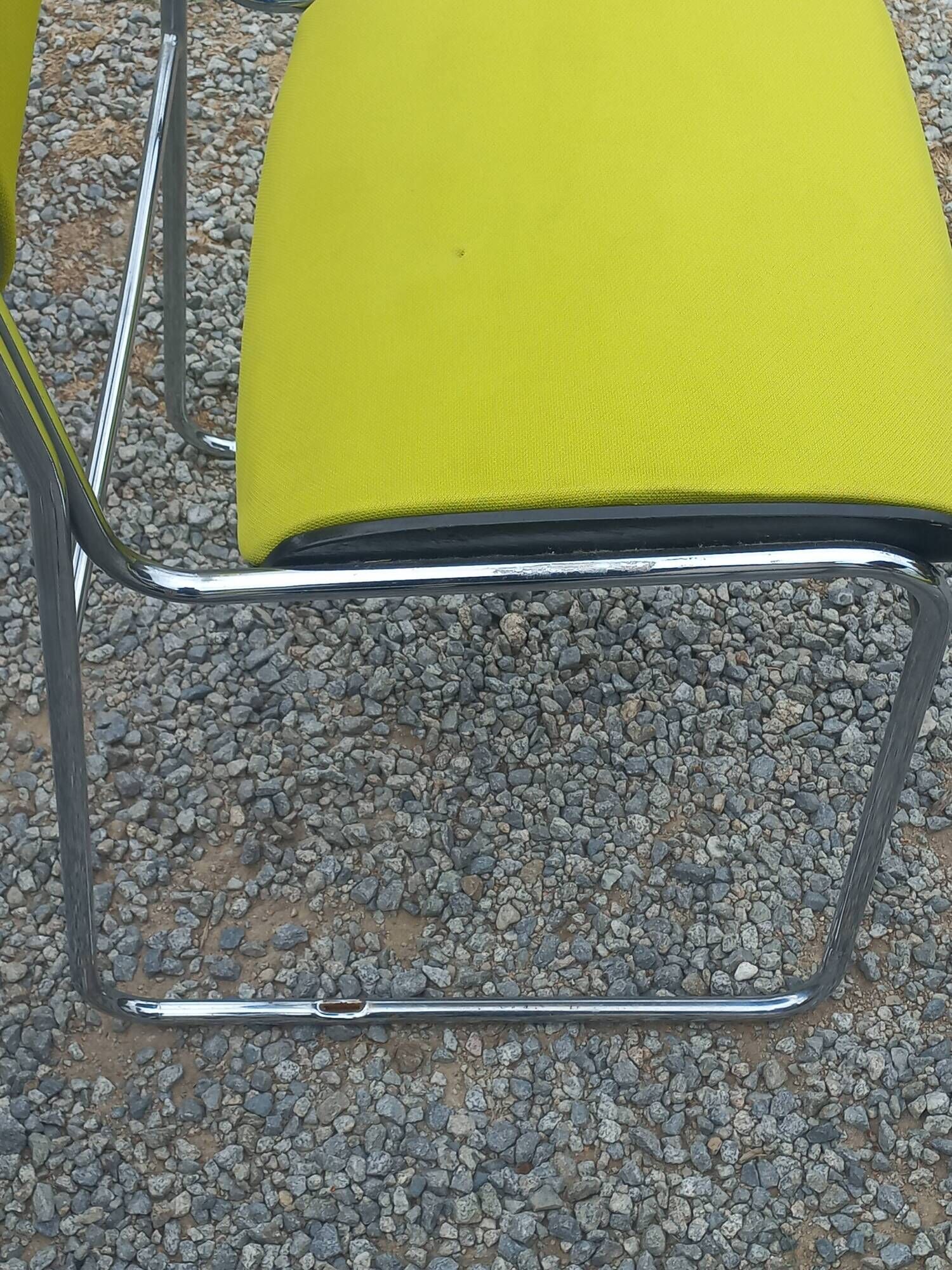 Set of 6 designer chairs with wooden seats and backs, chrome legs.